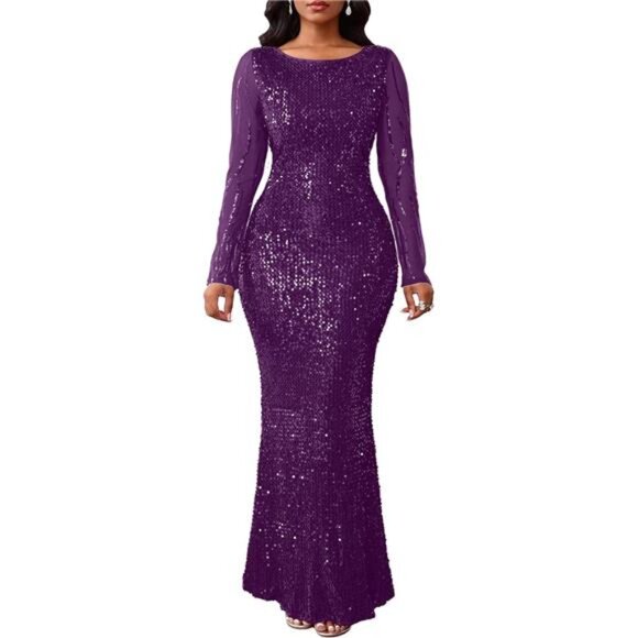 Women's Sequins Round Neck Long Sleeve Maxi Dress Purple - Picture 1 of 6